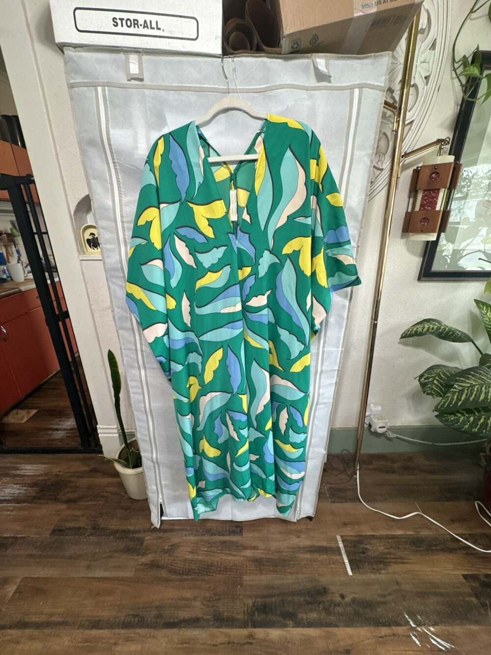 Jennafer Grace Limited Edition Handmade Green Abstract Leaf Print Caftan  Dress